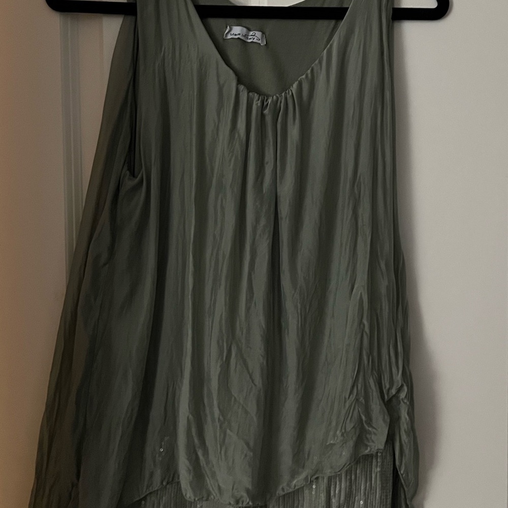 Elegant Green Blouse uneven hem, layered, one part is spakly